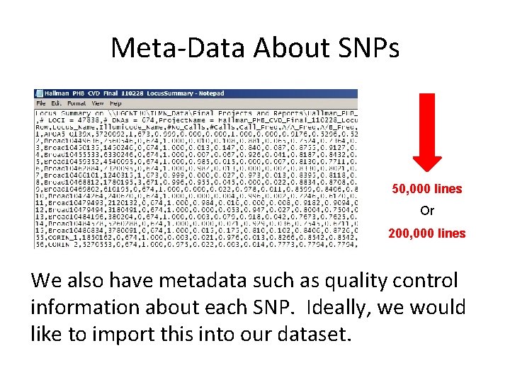 Meta-Data About SNPs 50, 000 lines Or 200, 000 lines We also have metadata Meta-Data About SNPs 50, 000 lines Or 200, 000 lines We also have metadata