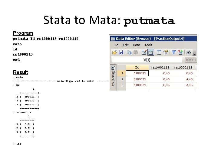 Stata to Mata: putmata Program putmata Id rs 1000113 rs 1000115 mata Id rs Stata to Mata: putmata Program putmata Id rs 1000113 rs 1000115 mata Id rs