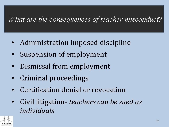 Consequences of Teacher Misconduct What are the consequences of teacher misconduct? • Administration imposed