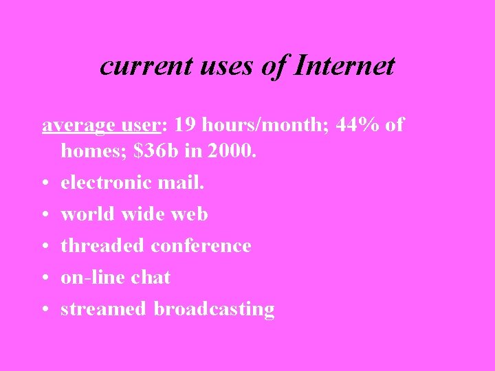 current uses of Internet average user: 19 hours/month; 44% of homes; $36 b in