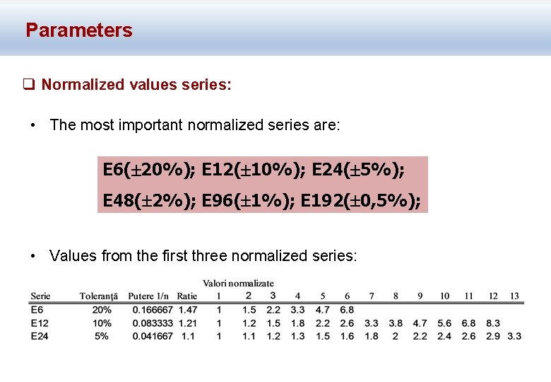 Parameters q Normalized values series: • The most important normalized series are: E 6(