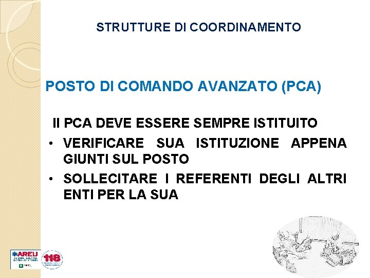 STRUTTURE DI COORDINAMENTO POSTO DI COMANDO AVANZATO (PCA) Il PCA DEVE ESSERE SEMPRE ISTITUITO