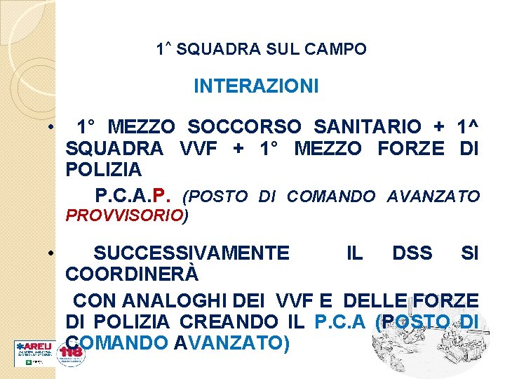 1^ SQUADRA SUL CAMPO INTERAZIONI • 1° MEZZO SOCCORSO SANITARIO + 1^ SQUADRA VVF