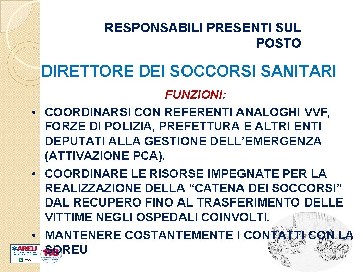RESPONSABILI PRESENTI SUL POSTO DIRETTORE DEI SOCCORSI SANITARI FUNZIONI: • COORDINARSI CON REFERENTI ANALOGHI