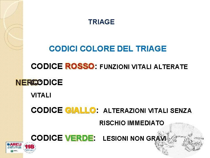 TRIAGE CODICI COLORE DEL TRIAGE CODICE ROSSO: ROSSO FUNZIONI VITALI ALTERATE NERO: CODICE NERO