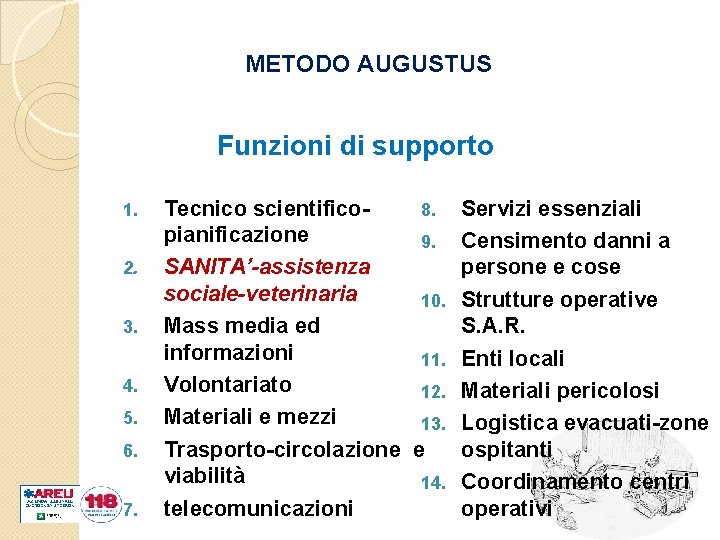 METODO AUGUSTUS Funzioni di supporto 1. 2. 3. 4. 5. 6. 7. Tecnico scientificopianificazione
