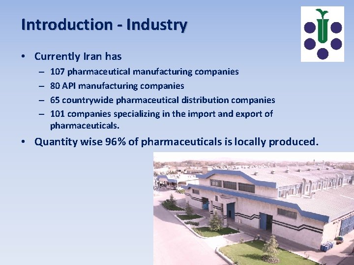 Introduction - Industry • Currently Iran has – – 107 pharmaceutical manufacturing companies 80