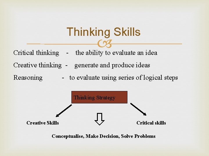 Thinking Skills Critical thinking - Creative thinking Reasoning the ability to evaluate an idea