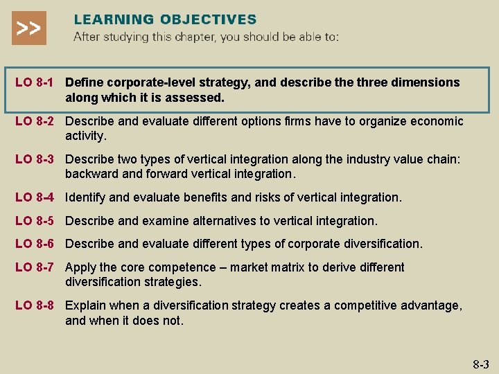 LO 8 -1 Define corporate-level strategy, and describe three dimensions along which it is