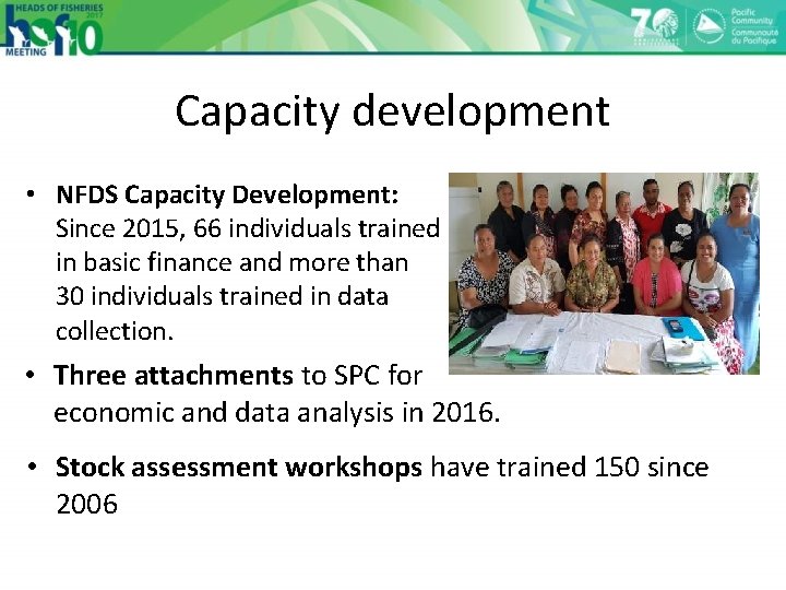 Capacity development • NFDS Capacity Development: Since 2015, 66 individuals trained in basic finance