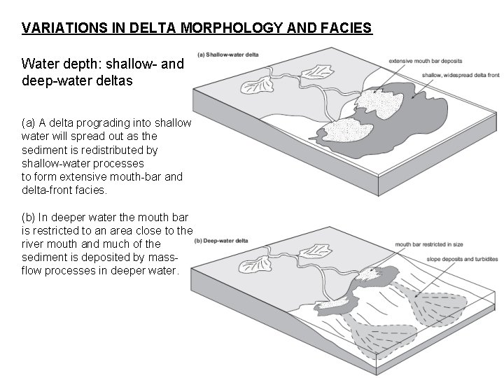 VARIATIONS IN DELTA MORPHOLOGY AND FACIES Water depth: shallow- and deep-water deltas (a) A