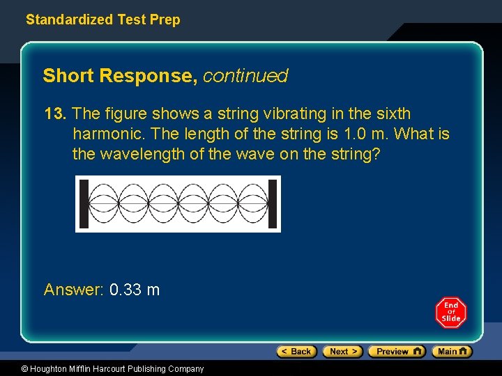 Standardized Test Prep Short Response, continued 13. The figure shows a string vibrating in