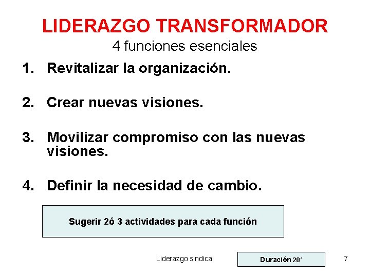 LIDERAZGO TRANSFORMADOR 4 funciones esenciales 1. Revitalizar la organización. 2. Crear nuevas visiones. 3.