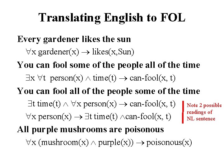 Translating English to FOL Every gardener likes the sun x gardener(x) likes(x, Sun) You