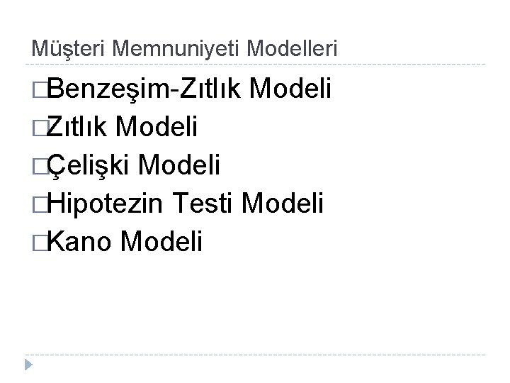 Müşteri Memnuniyeti Modelleri �Benzeşim-Zıtlık �Zıtlık Modeli �Çelişki Modeli �Hipotezin Testi Modeli �Kano Modeli 