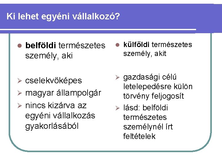 Ki lehet egyéni vállalkozó? l belföldi természetes személy, aki cselekvőképes Ø magyar állampolgár Ø