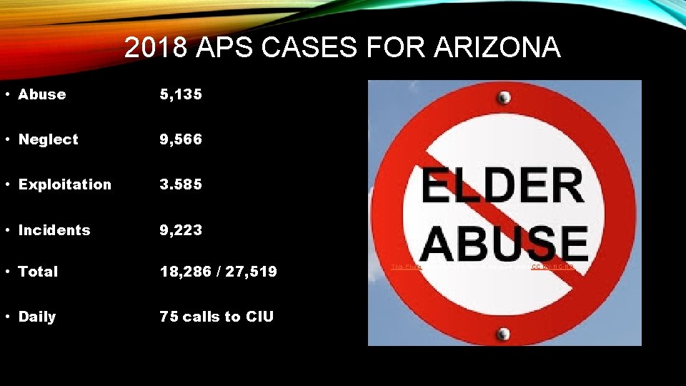 2018 APS CASES FOR ARIZONA • Abuse 5, 135 • Neglect 9, 566 •