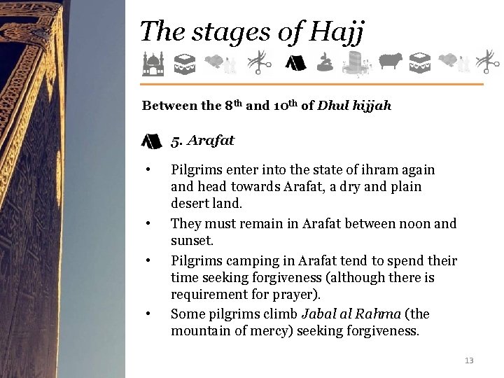 The stages of Hajj Between the 8 th and 10 th of Dhul hijjah