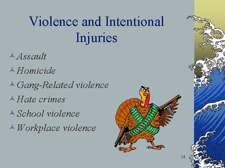 Violence and Intentional Injuries ©Assault ©Homicide ©Gang-Related violence ©Hate crimes ©School violence ©Workplace violence