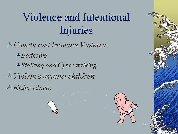 Violence and Intentional Injuries ©Family and Intimate Violence ©Battering ©Stalking and Cyberstalking ©Violence against