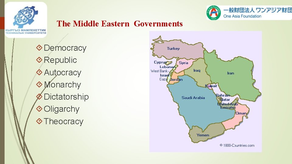 The Middle Eastern Governments Democracy Republic Autocracy Monarchy Dictatorship Oligarchy Theocracy The Middle Eastern Governments Democracy Republic Autocracy Monarchy Dictatorship Oligarchy Theocracy