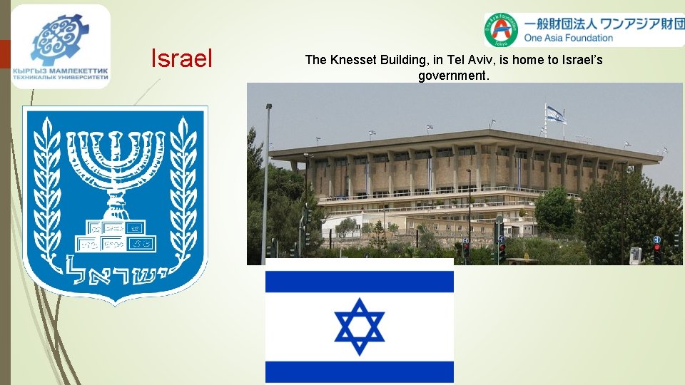 Israel The Knesset Building, in Tel Aviv, is home to Israel’s government. Israel The Knesset Building, in Tel Aviv, is home to Israel’s government.