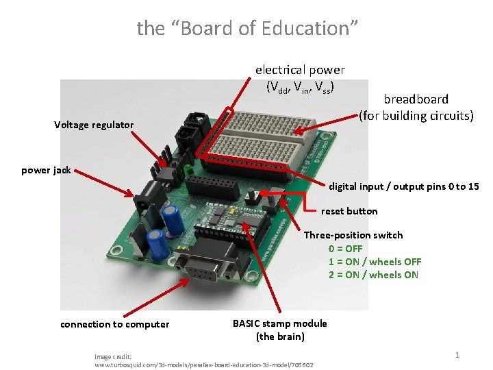 the “Board of Education” electrical power (Vdd, Vin, Vss) Voltage regulator breadboard (for building