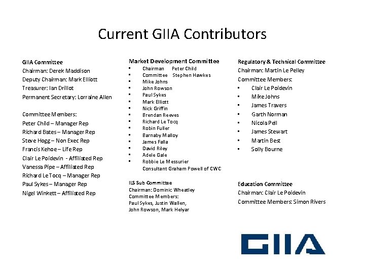 Current GIIA Contributors GIIA Committee Chairman: Derek Maddison Deputy Chairman: Mark Elliott Treasurer: Ian