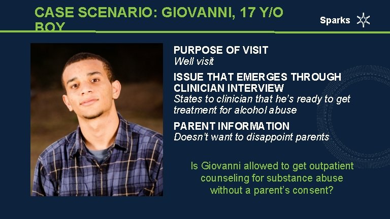 CASE SCENARIO: GIOVANNI, 17 Y/O BOY Sparks PURPOSE OF VISIT Well visit ISSUE THAT