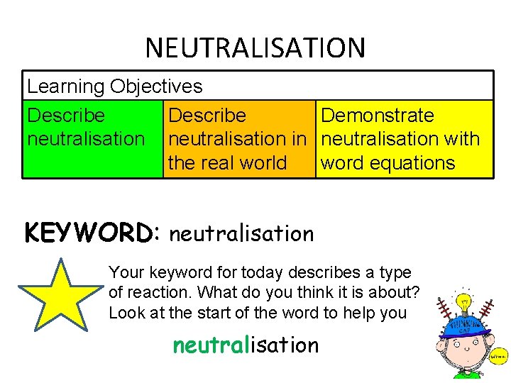 NEUTRALISATION Learning Objectives Describe Demonstrate neutralisation in neutralisation with the real world word equations