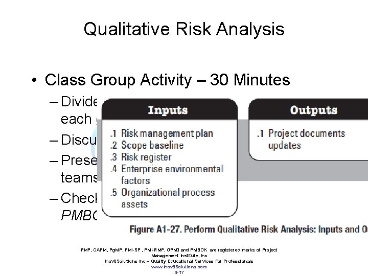 Qualitative Risk Analysis • Class Group Activity – 30 Minutes – Divide Class into