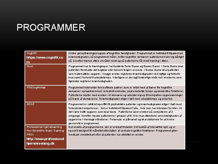 PROGRAMMER Cognifit https: //www. cognifit. co m Online genoptræningsprogram af kognitive færdigheder. Programmat er PROGRAMMER Cognifit https: //www. cognifit. co m Online genoptræningsprogram af kognitive færdigheder. Programmat er