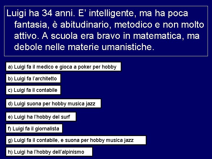 Luigi ha 34 anni. E’ intelligente, ma ha poca fantasia, è abitudinario, metodico e