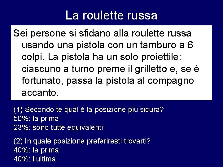 La roulette russa Sei persone si sfidano alla roulette russa usando una pistola con