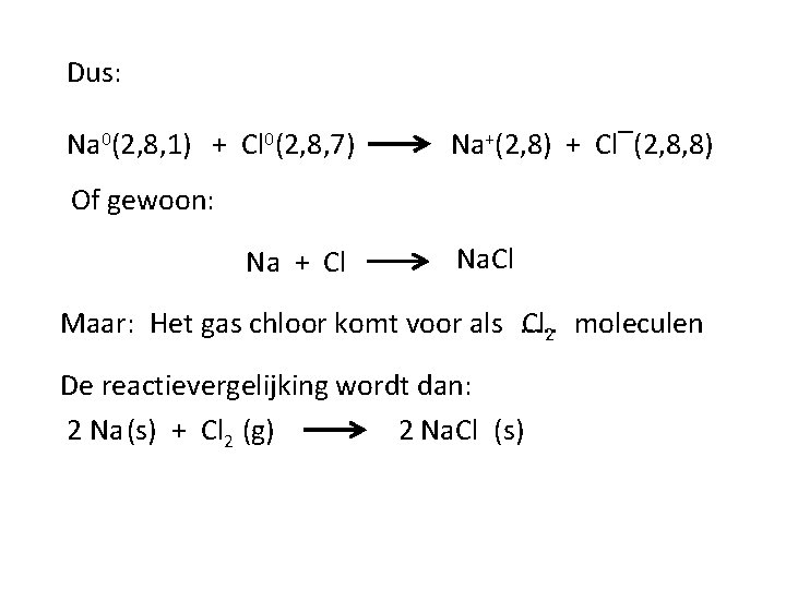 Dus: Na 0(2, 8, 1) + Cl 0(2, 8, 7) Na+(2, 8) + Cl‾(2,