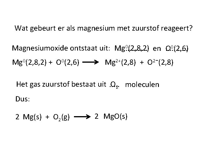 Wat gebeurt er als magnesium met zuurstof reageert? 0(2, 8, 2) 0(2, 6) Magnesiumoxide