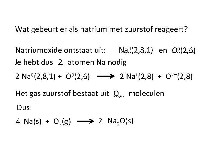 Wat gebeurt er als natrium met zuurstof reageert? 0(2, 8, 1) 0(2, 6) Na