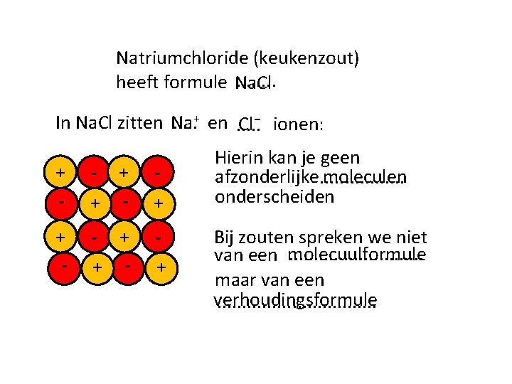 Natriumchloride (keukenzout). . . . heeft formule Na. Cl In Na. Cl zitten Na.