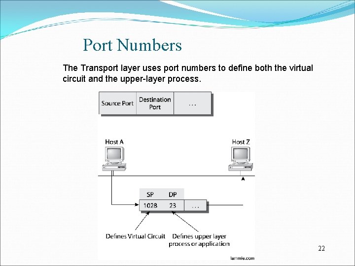 Port Numbers The Transport layer uses port numbers to define both the virtual circuit