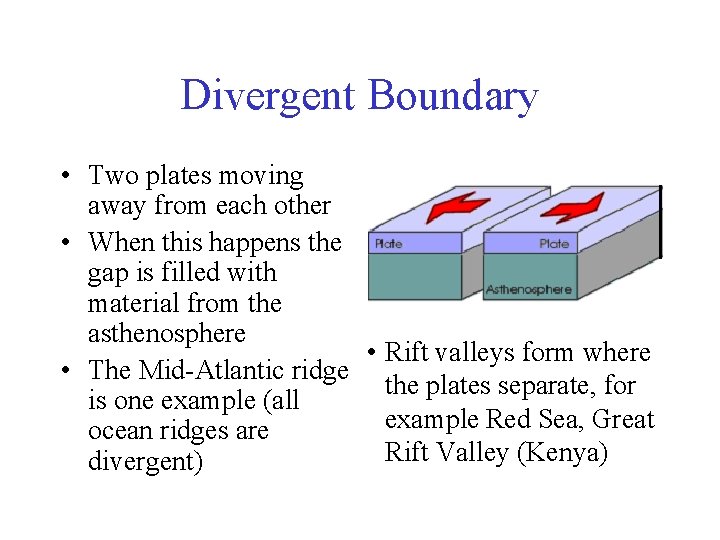 Divergent Boundary • Two plates moving away from each other • When this happens