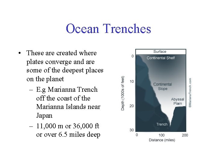 Ocean Trenches • These are created where plates converge and are some of the