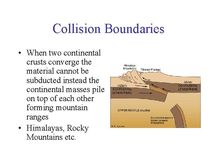 Collision Boundaries • When two continental crusts converge the material cannot be subducted instead