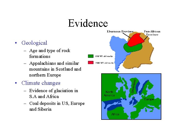 Evidence • Geological – Age and type of rock formations – Appalachians and similar