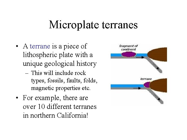 Microplate terranes • A terrane is a piece of lithospheric plate with a unique