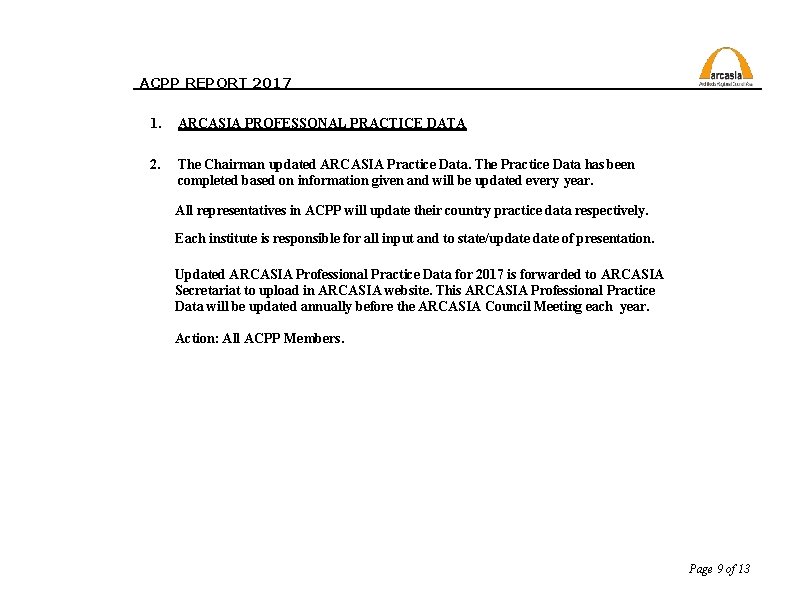 ACPP REPORT 2017 1. ARCASIA PROFESSONAL PRACTICE DATA 2. The Chairman updated ARCASIA Practice