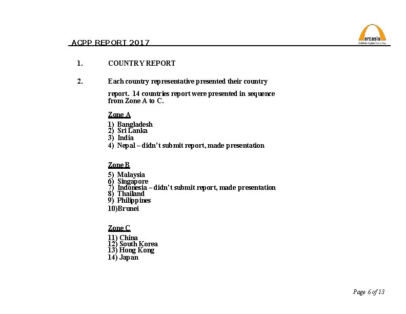 ACPP REPORT 2017 1. COUNTRY REPORT 2. Each country representative presented their country report.