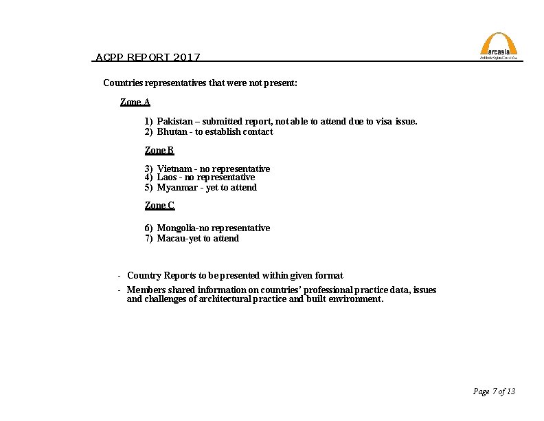 ACPP REPORT 2017 Countries representatives that were not present: Zone A 1) Pakistan –