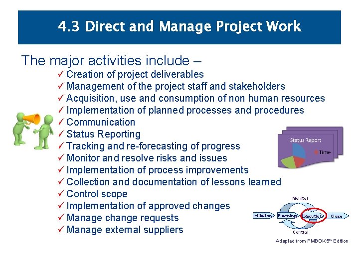 4. 3 Direct and Manage Project Work The major activities include – ü Creation