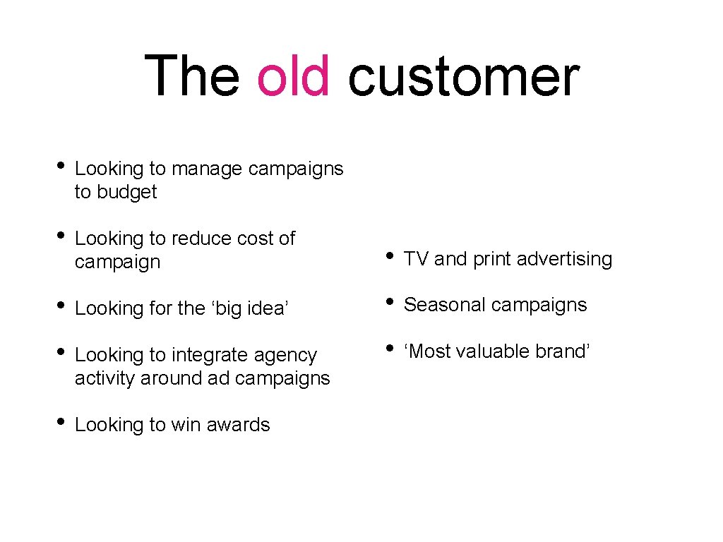 The old customer • Looking to manage campaigns to budget • Looking to reduce