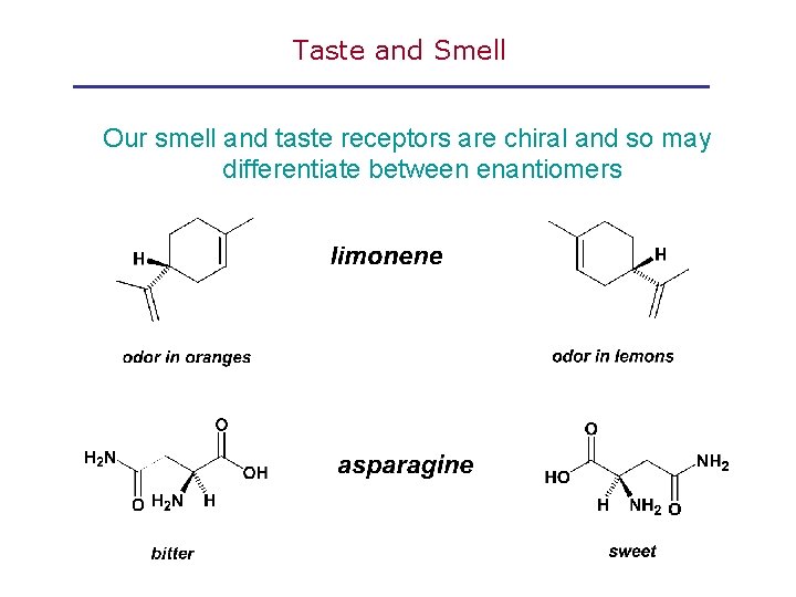 Taste and Smell Our smell and taste receptors are chiral and so may differentiate